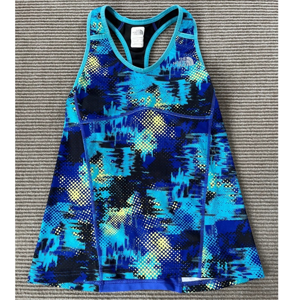 The North Face VaporWick Blue Glitch Print Racerback Tank Top Built-in Bra Small